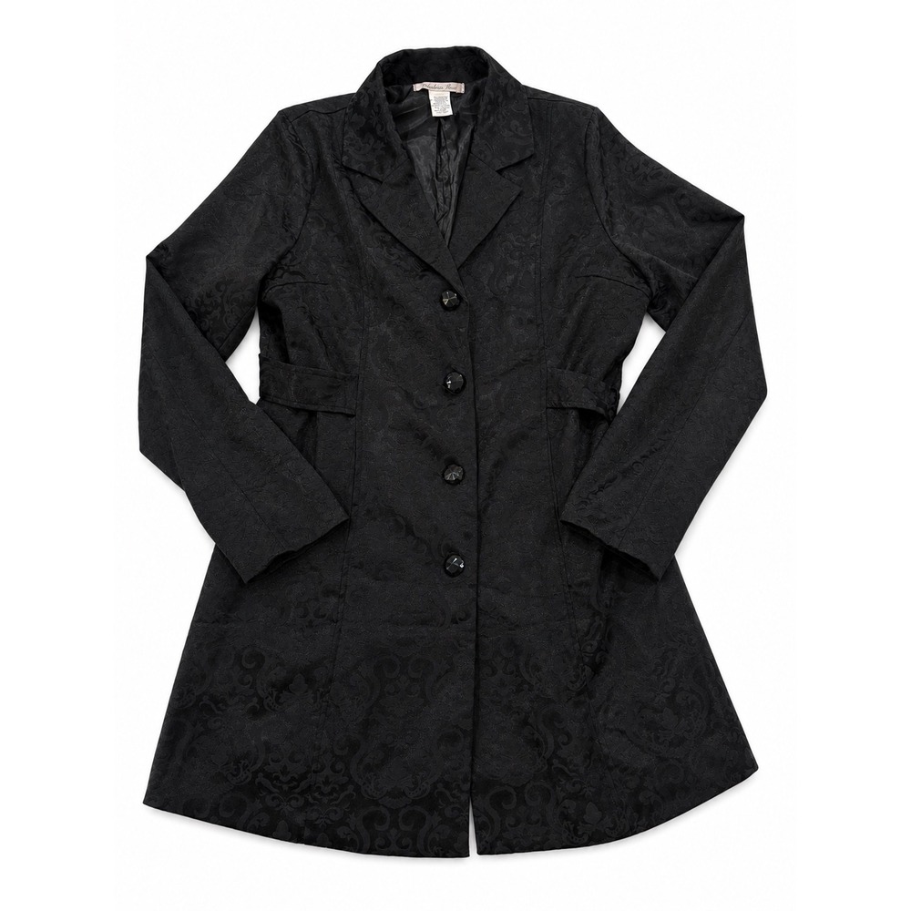 Vintage Charlotte Russe Black Damask Trench‎ Coat Floral Button Jacket Large Y2K